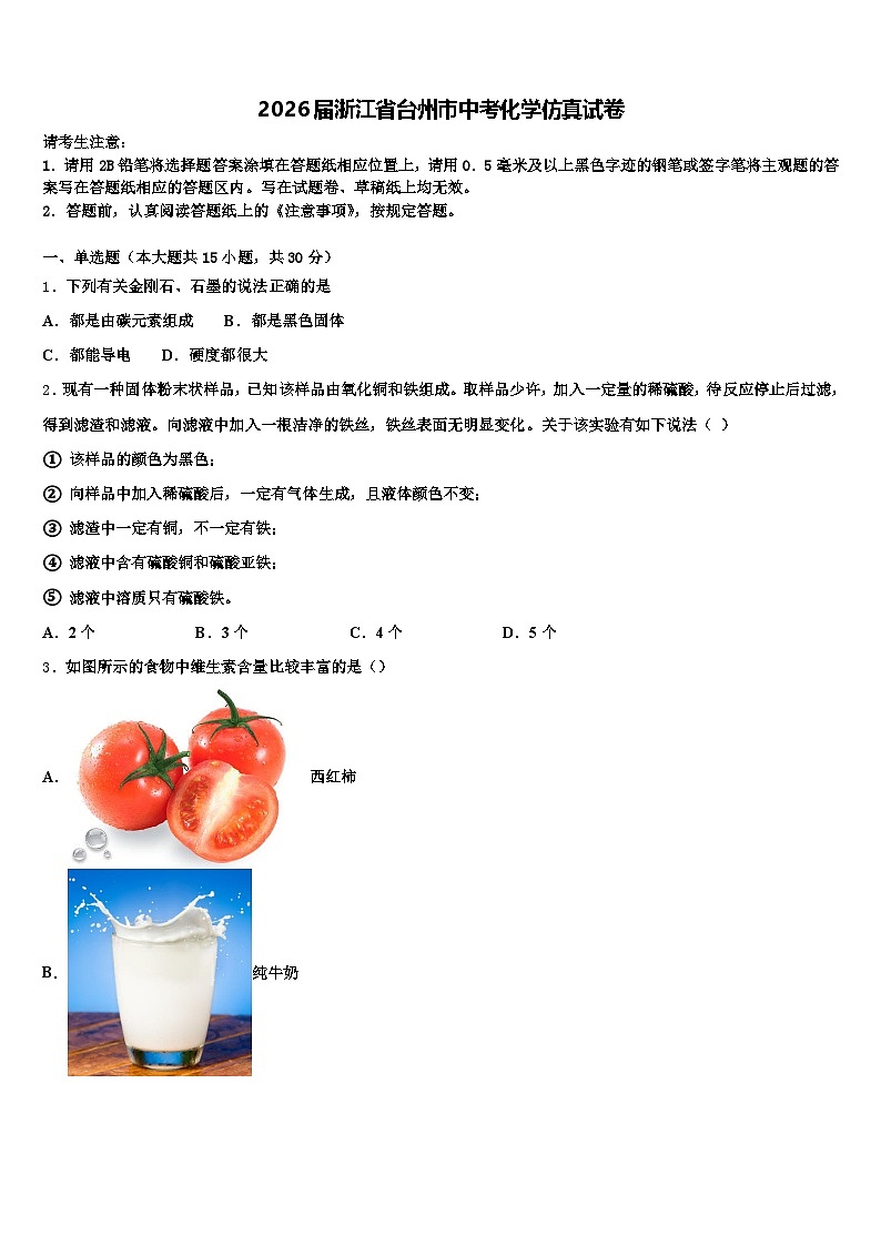 2026届浙江省台州市中考化学仿真试卷（含答案解析）第1页