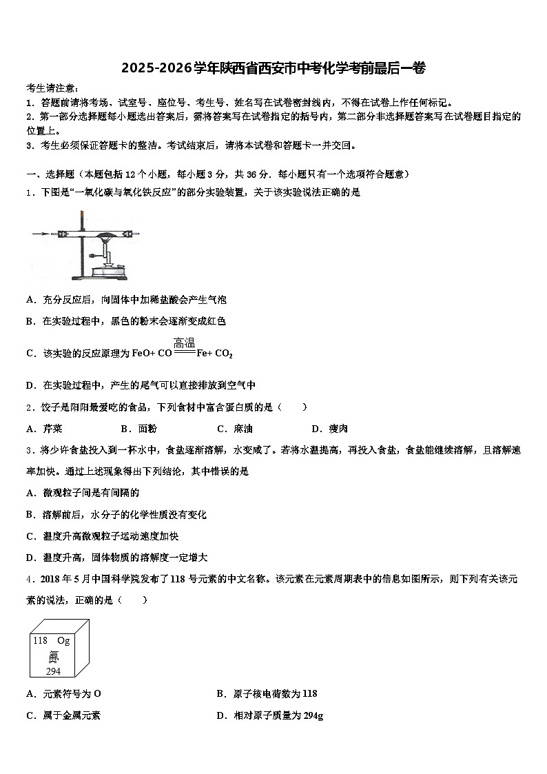 2025-2026学年陕西省西安市中考化学考前最后一卷（含答案解析）第1页