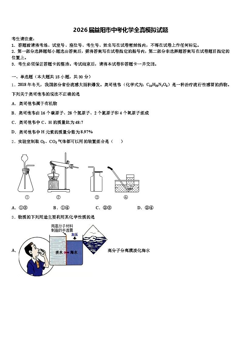 2026届益阳市中考化学全真模拟试题（含答案解析）第1页