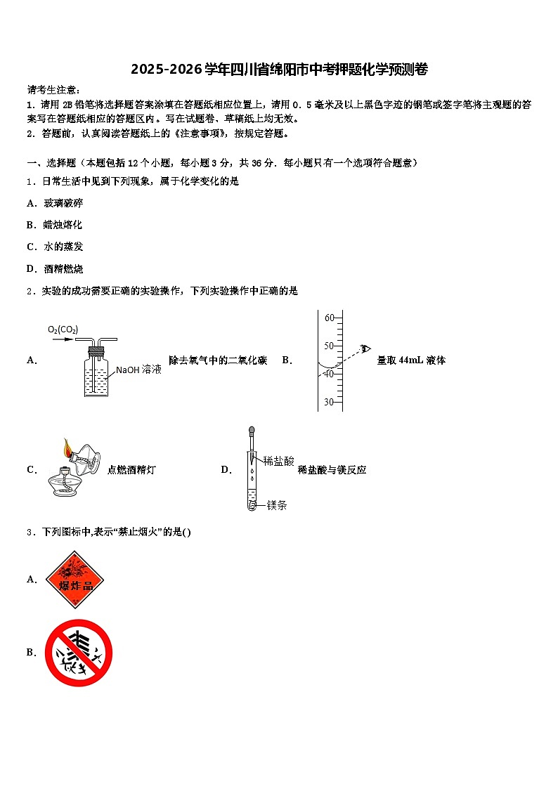 2025-2026学年四川省绵阳市中考押题化学预测卷（含答案解析）第1页