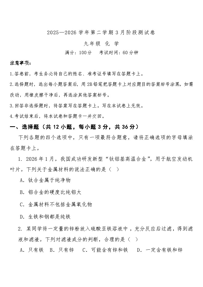 九年级下学期3月学情自测l化学试题第1页