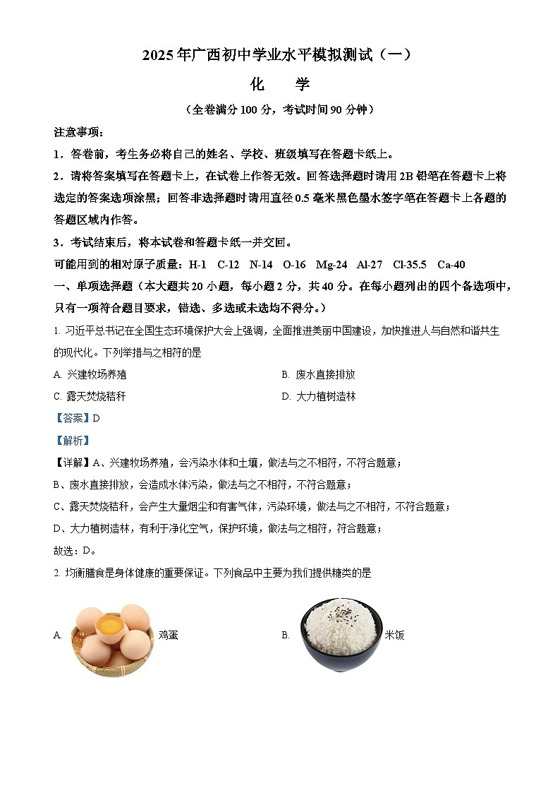 2025年广西初中学业水平模拟测试（一）化学（解析版）-A4第1页