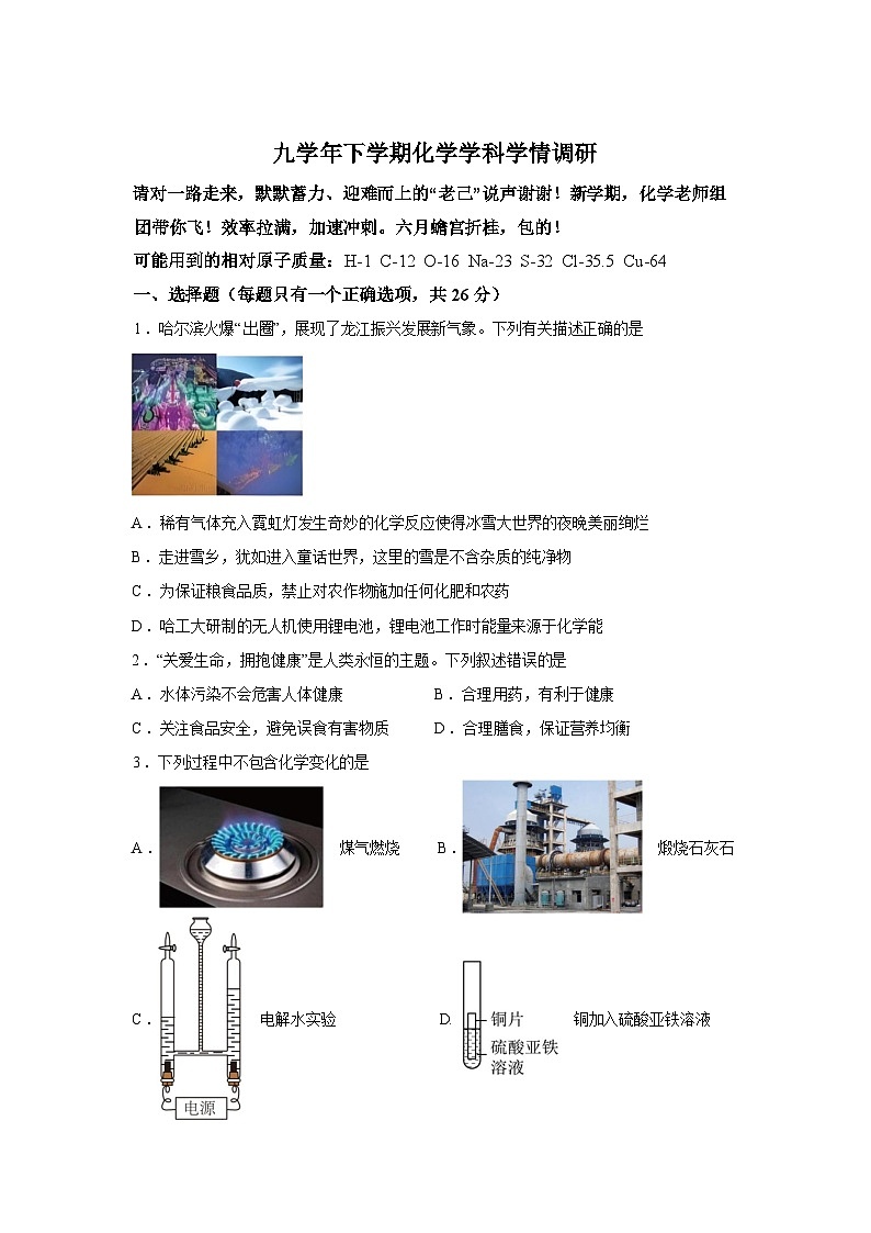 黑龙江哈尔滨市第四十九中学校2025-2026学年九年级下学期阶段学情自测化学试卷含答案第1页