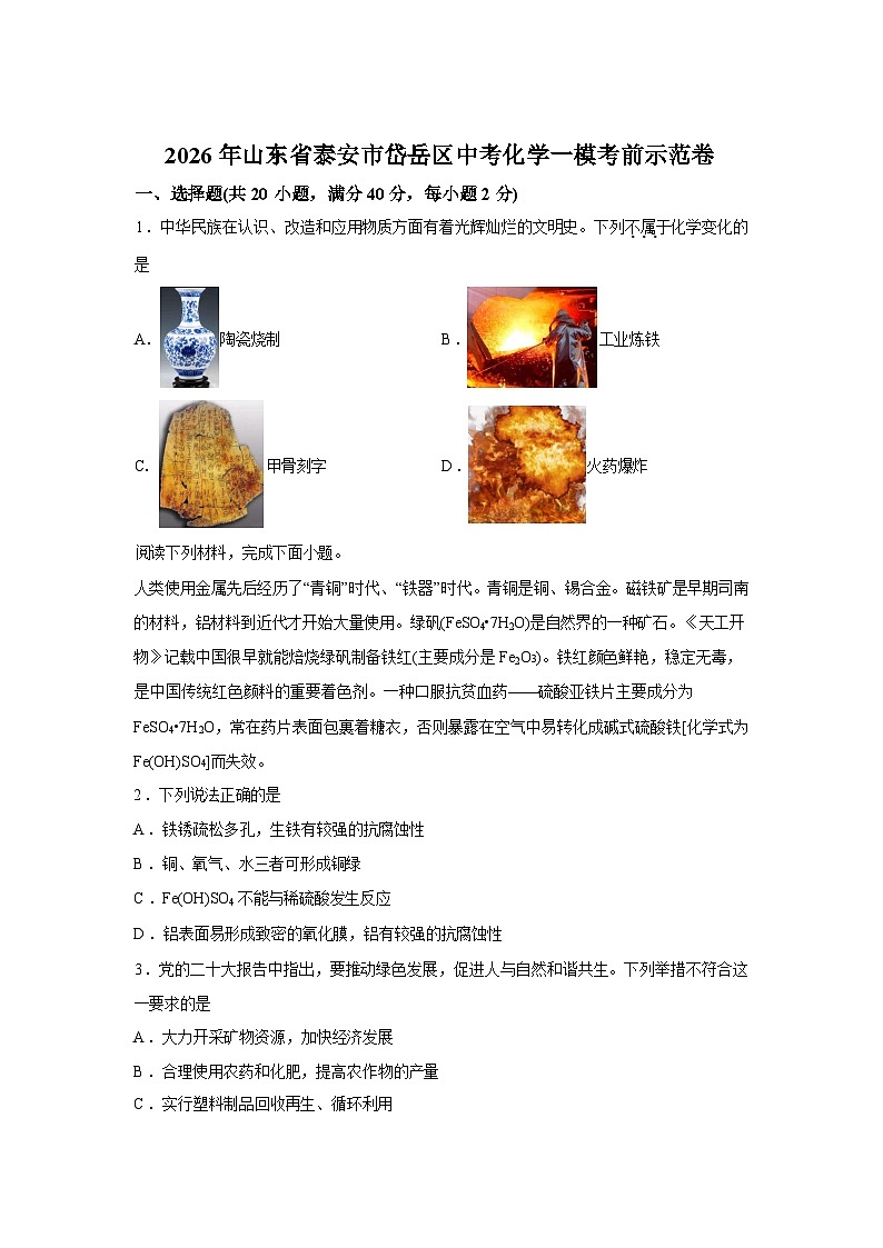 2026年山东省泰安市岱岳区中考一模考前示范化学卷含答案第1页