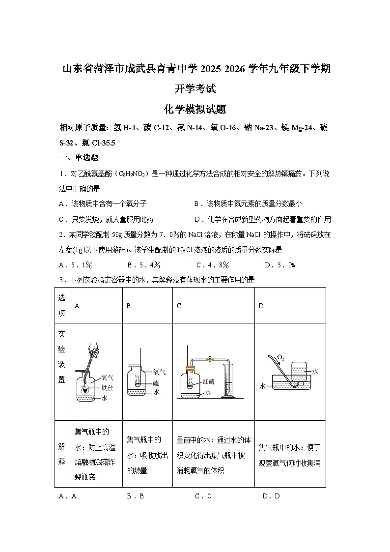 山东菏泽市成武县育青中学2025-2026学年九年级下学期开学考试化学模拟试题含答案第1页