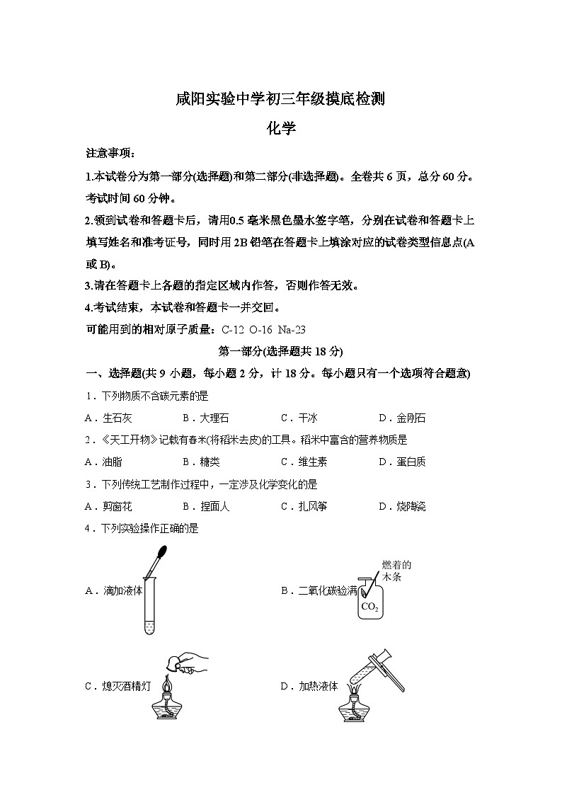 陕西咸阳市实验中学2025-2026学年九年级下学期摸底检测化学试题含答案第1页