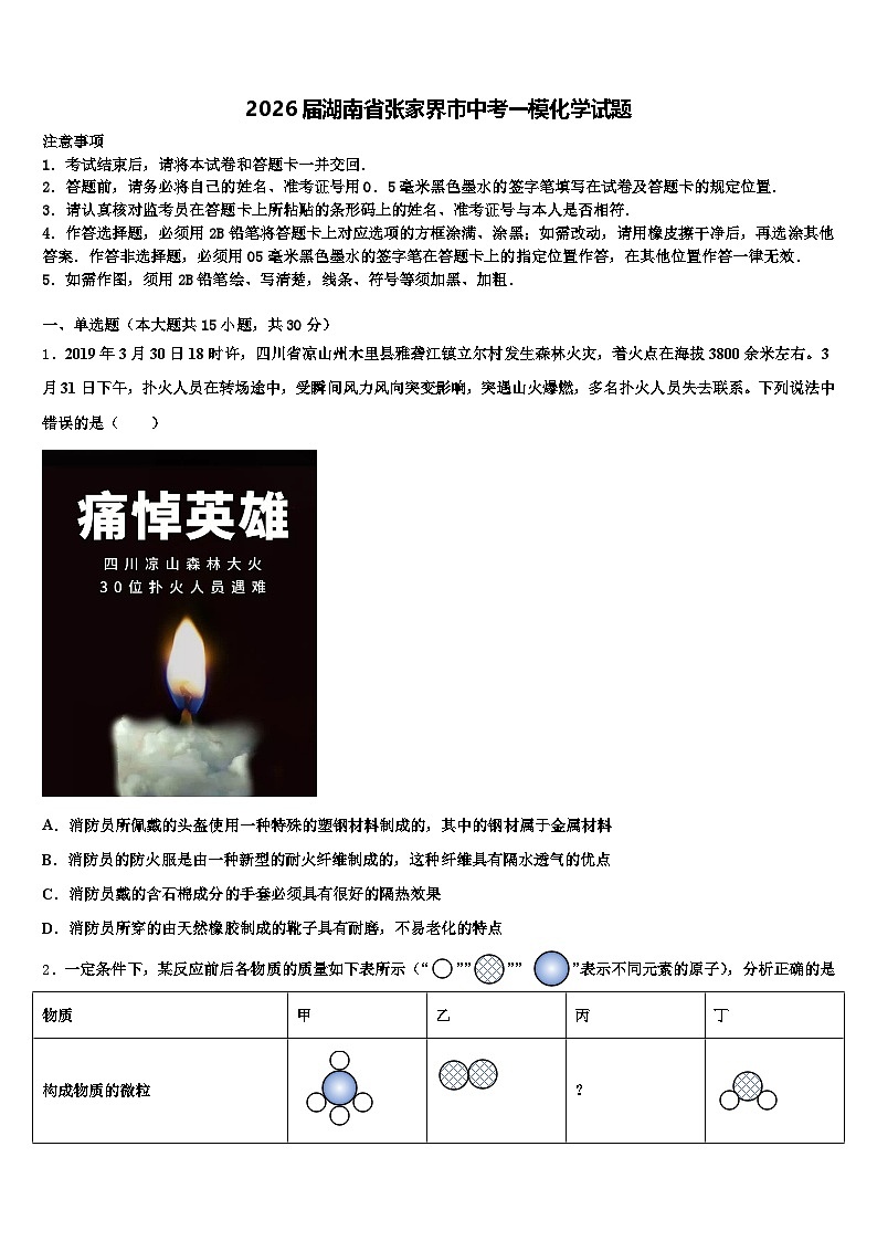 2026届湖南省张家界市中考一模化学试题（含答案解析）第1页