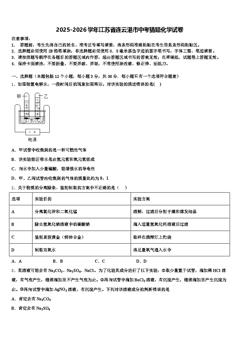 2025-2026学年江苏省连云港市中考猜题化学试卷（含答案解析）第1页