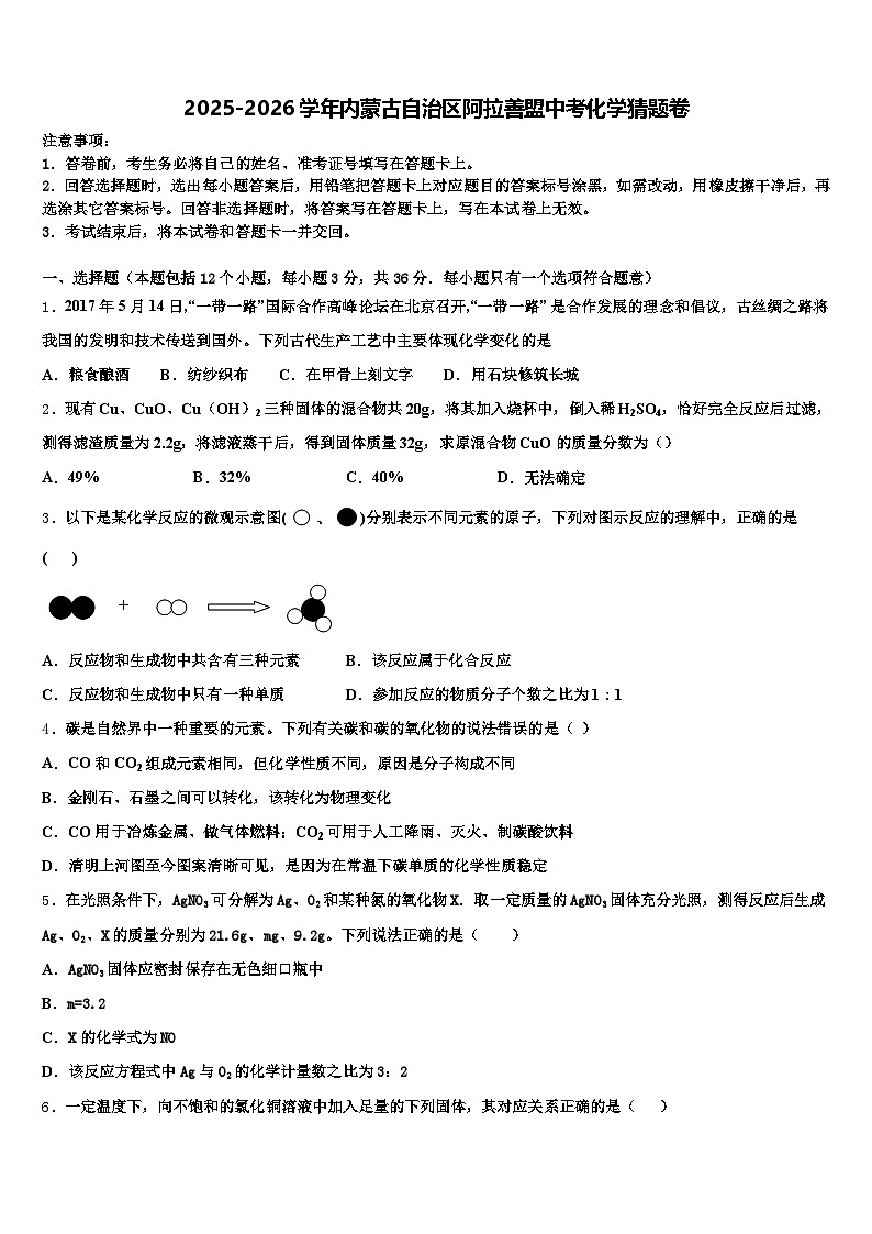 2025-2026学年内蒙古自治区阿拉善盟中考化学猜题卷（含答案解析）第1页