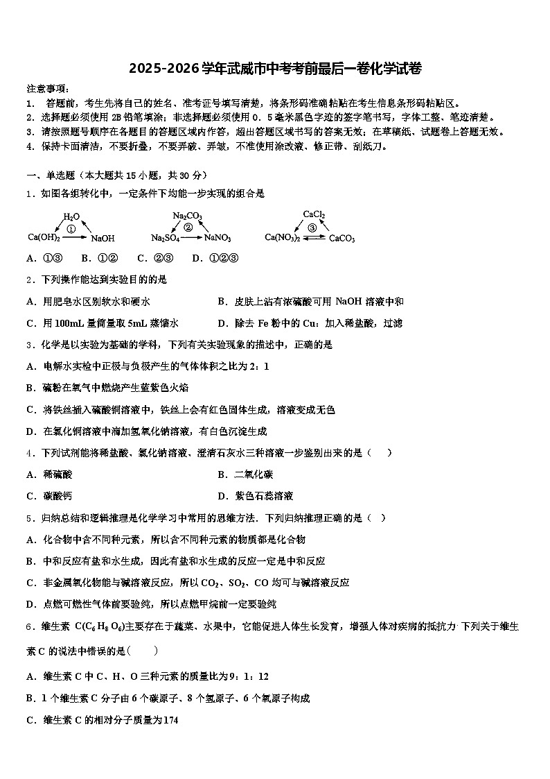 2025-2026学年武威市中考考前最后一卷化学试卷（含答案解析）第1页