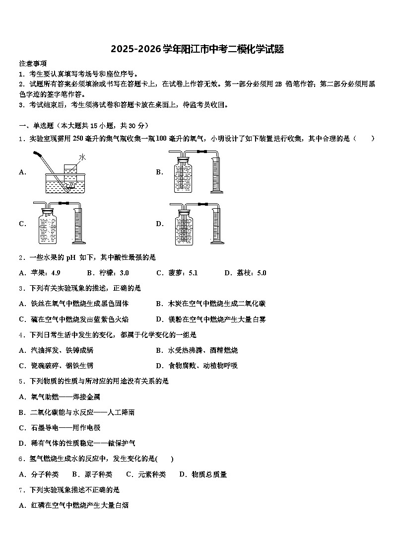 2025-2026学年阳江市中考二模化学试题（含答案解析）第1页