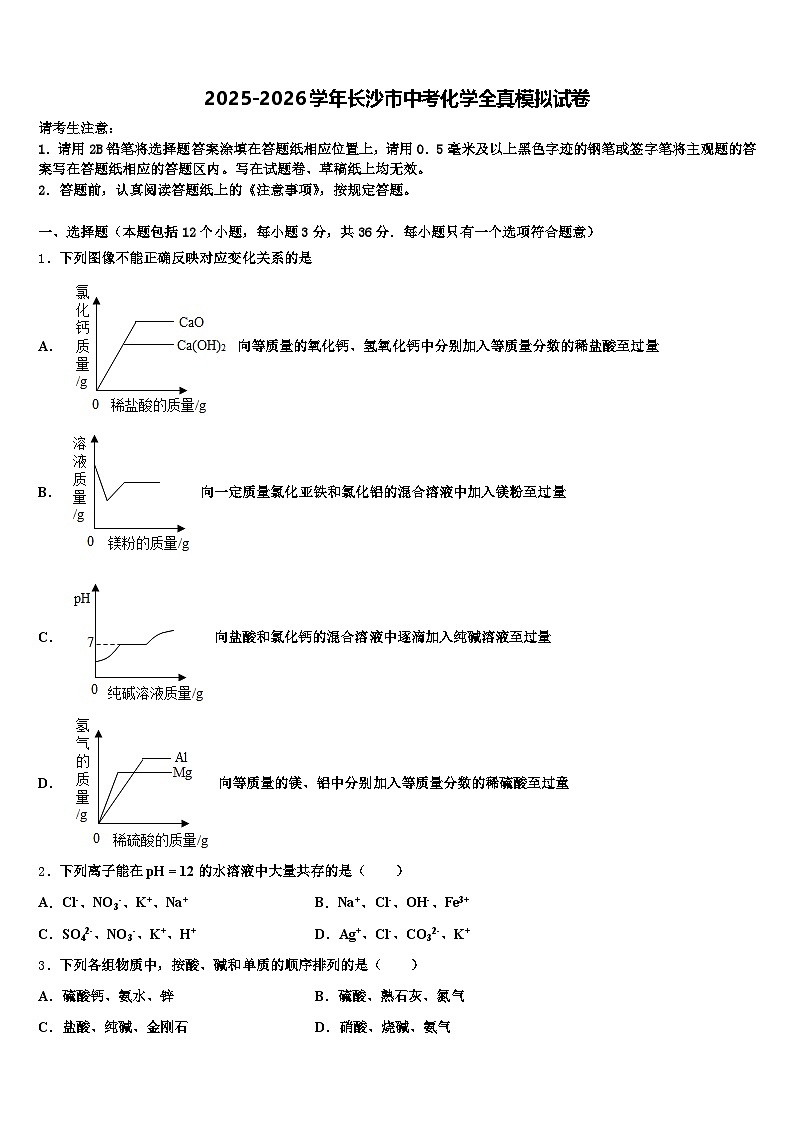 2025-2026学年长沙市中考化学全真模拟试卷（含答案解析）第1页