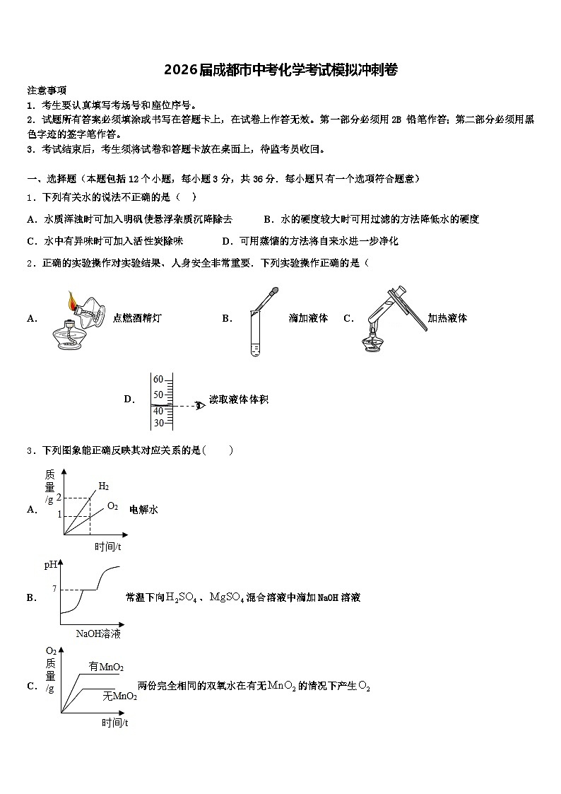 2026届成都市中考化学考试模拟冲刺卷（含答案解析）第1页