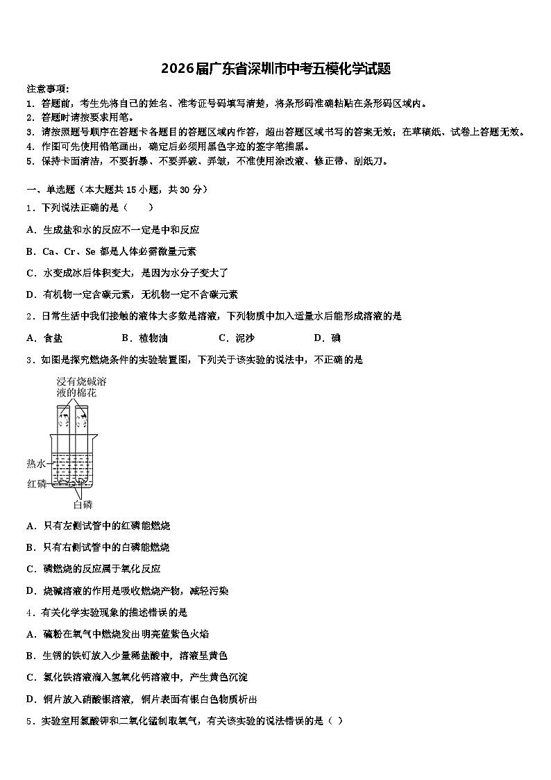 2026届广东省深圳市中考五模化学试题（含答案解析）第1页