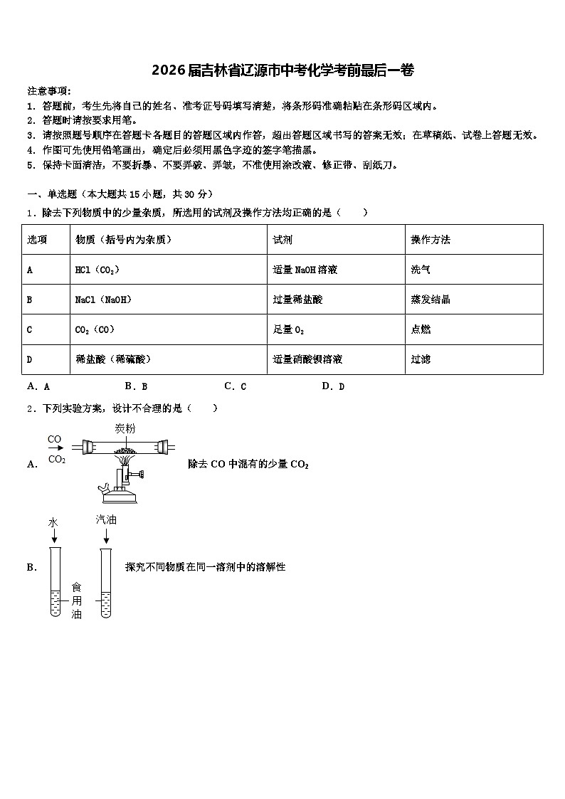 2026届吉林省辽源市中考化学考前最后一卷（含答案解析）第1页