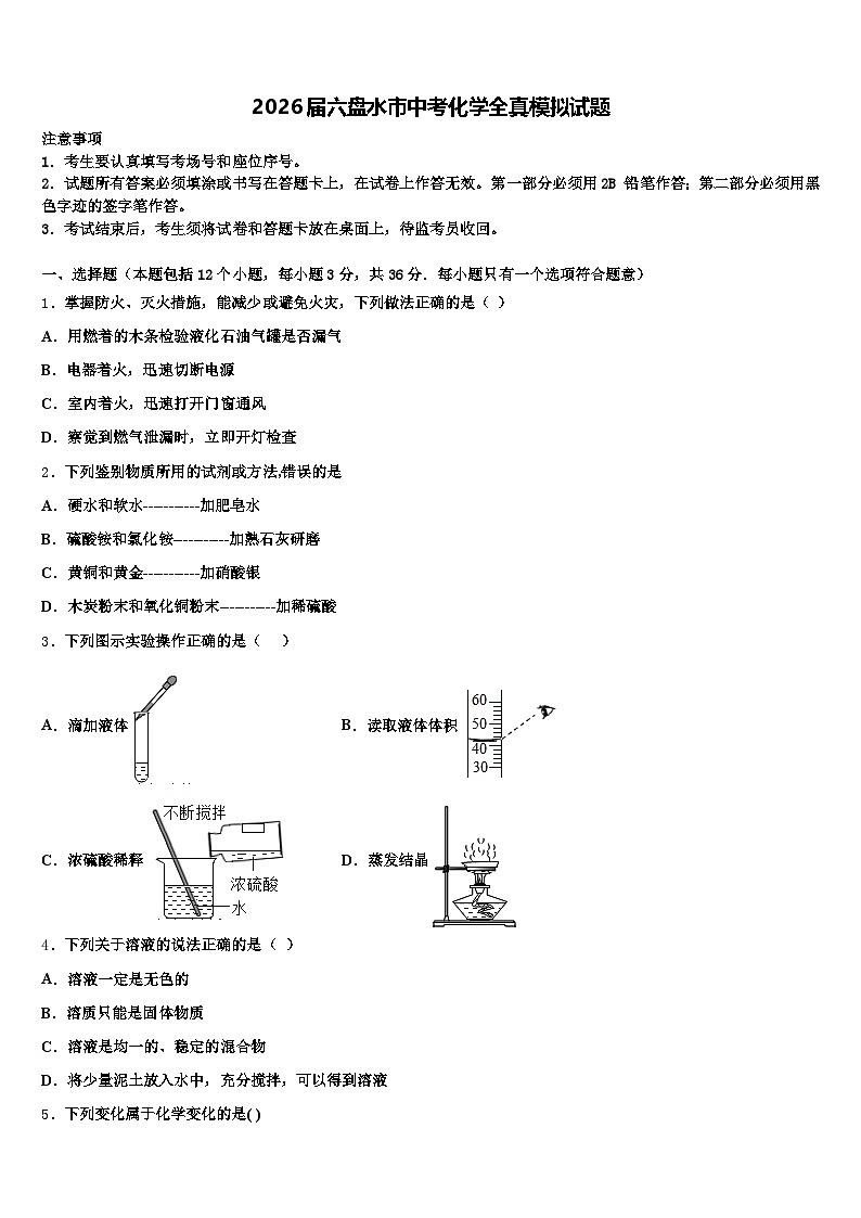 2026届六盘水市中考化学全真模拟试题（含答案解析）第1页