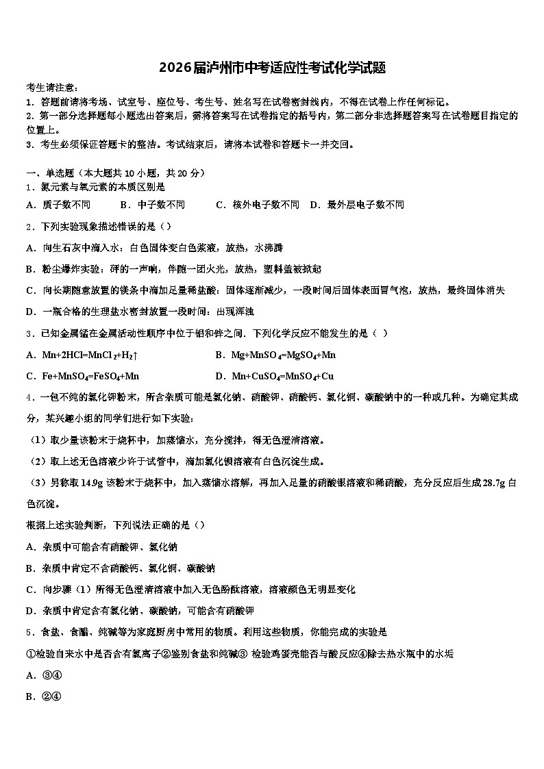 2026届泸州市中考适应性考试化学试题（含答案解析）第1页