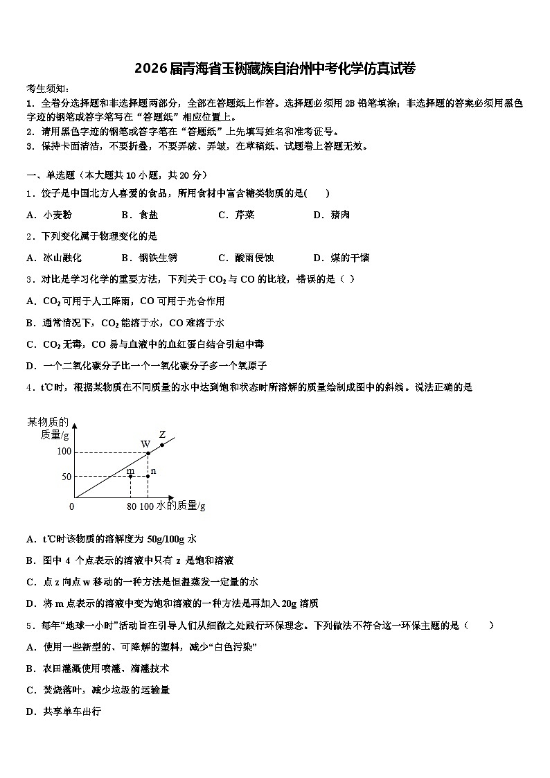 2026届青海省玉树藏族自治州中考化学仿真试卷（含答案解析）第1页