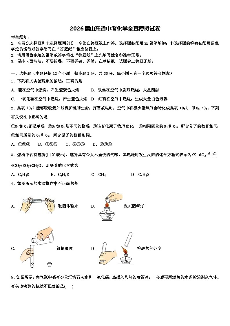 2026届山东省中考化学全真模拟试卷（含答案解析）第1页