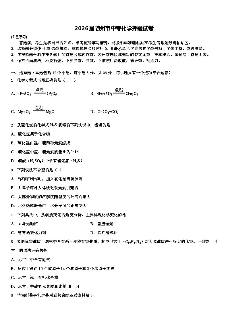 2026届随州市中考化学押题试卷（含答案解析）第1页
