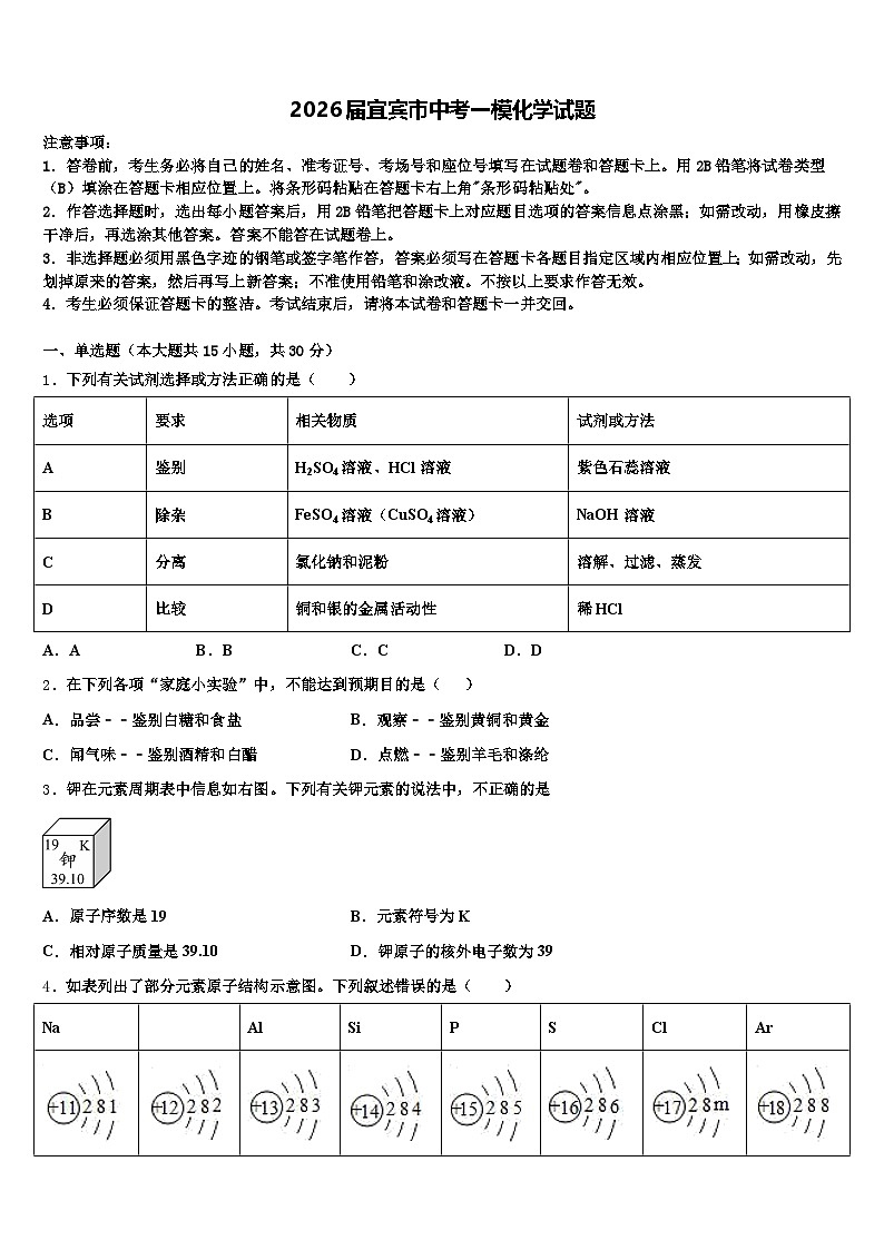 2026届宜宾市中考一模化学试题（含答案解析）第1页