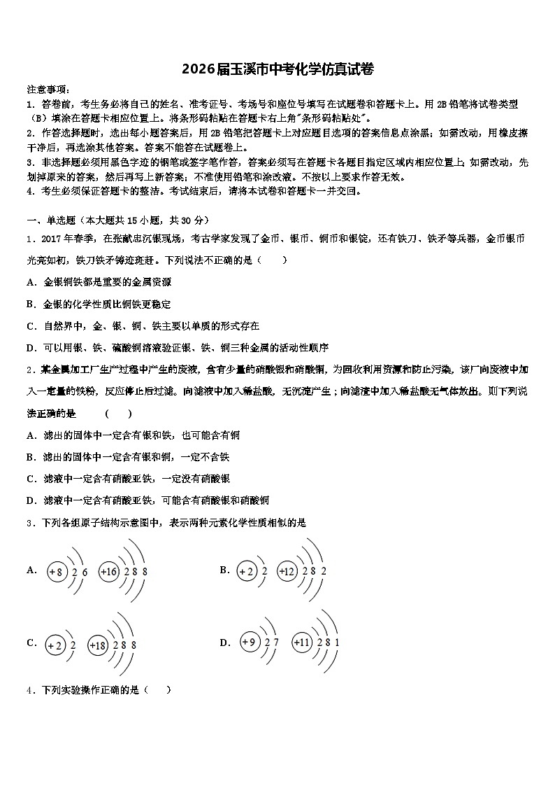 2026届玉溪市中考化学仿真试卷（含答案解析）第1页