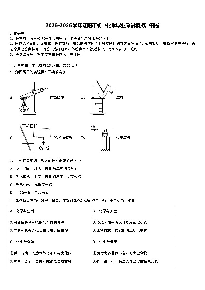 2025-2026学年辽阳市初中化学毕业考试模拟冲刺卷（含答案解析）第1页