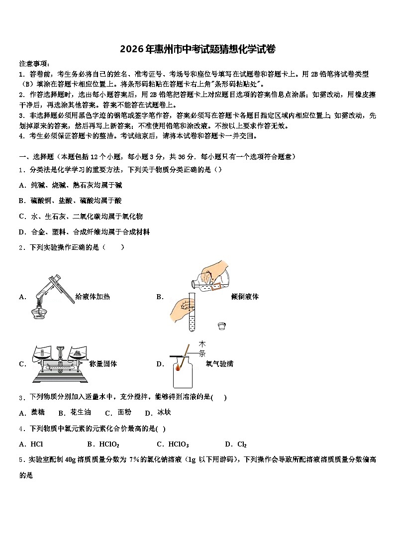 2026年惠州市中考试题猜想化学试卷（含答案解析）第1页