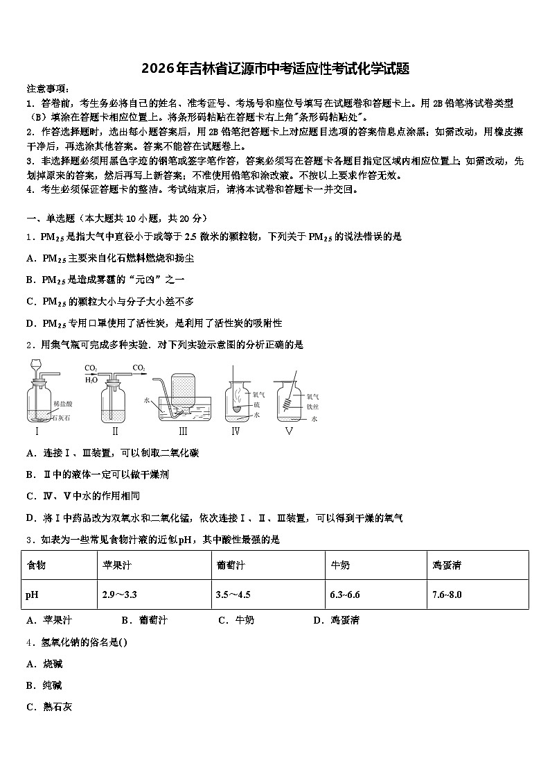2026年吉林省辽源市中考适应性考试化学试题（含答案解析）第1页