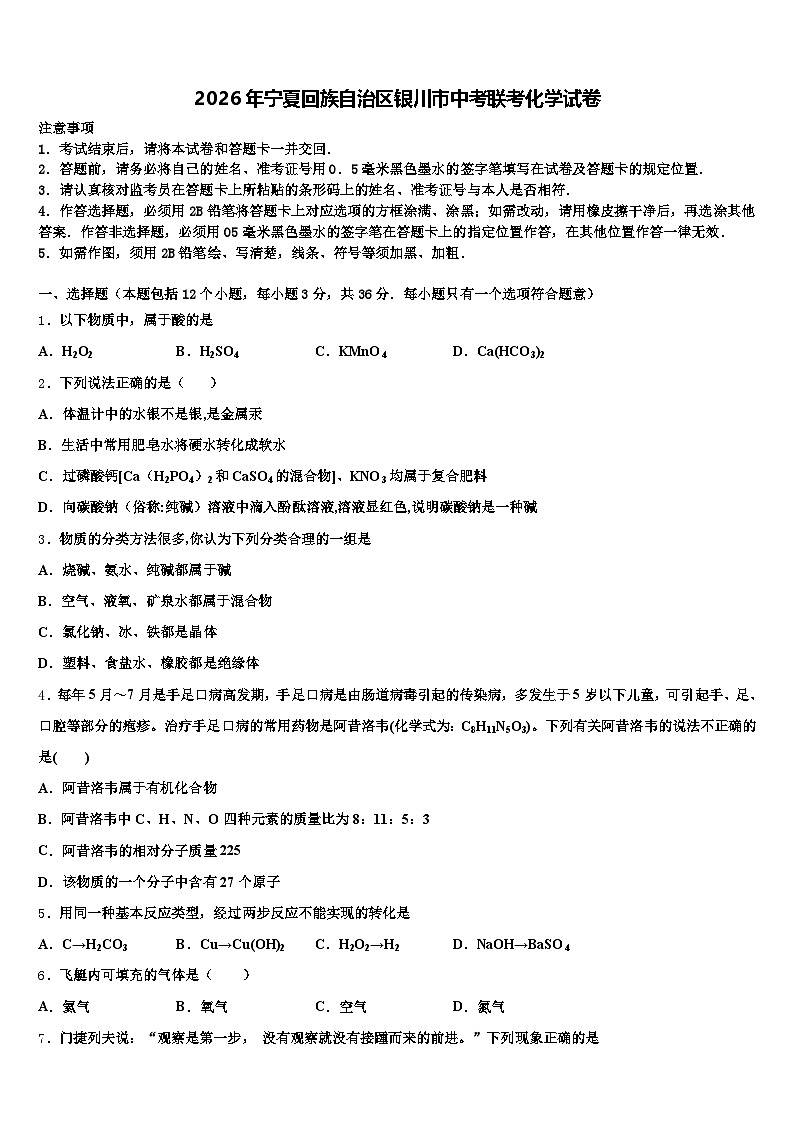 2026年宁夏回族自治区银川市中考联考化学试卷（含答案解析）第1页