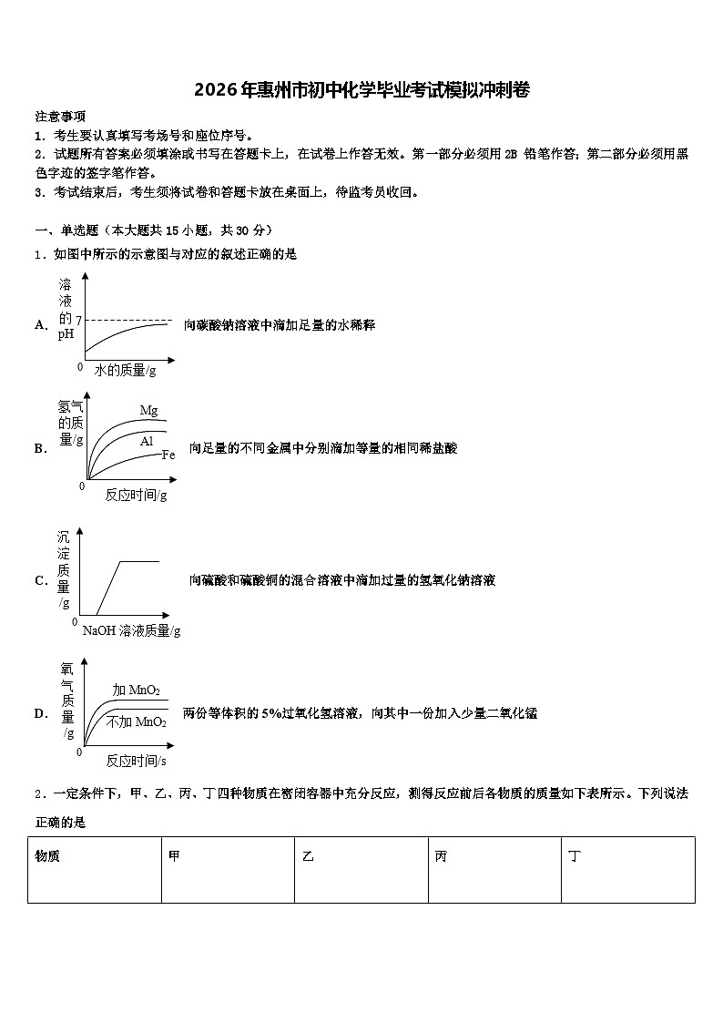 2026年惠州市初中化学毕业考试模拟冲刺卷（含答案解析）第1页