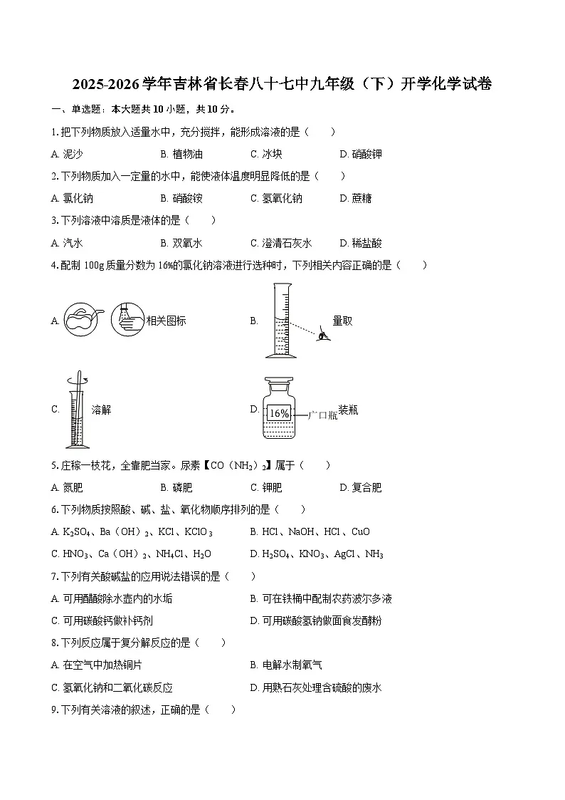2025-2026学年吉林省长春八十七中九年级（下）开学化学试卷-自定义类型第1页