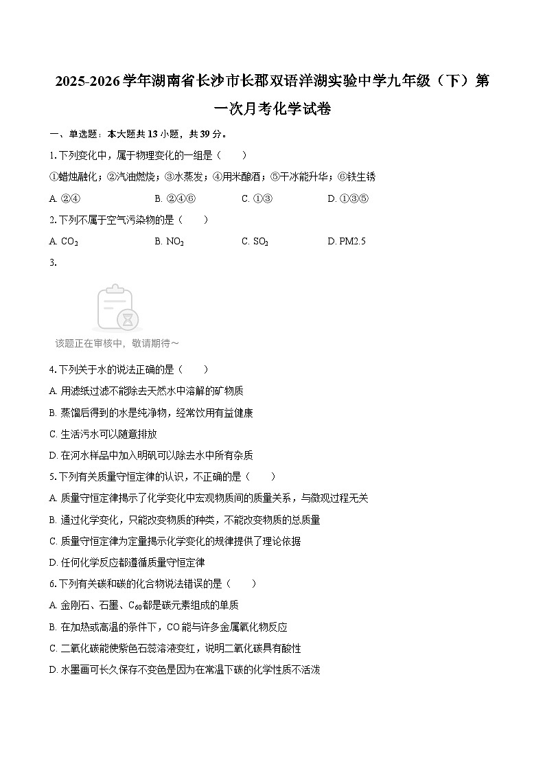 2025-2026学年湖南省长沙市长郡双语洋湖实验中学九年级（下）第一次月考化学试卷-自定义类型第1页