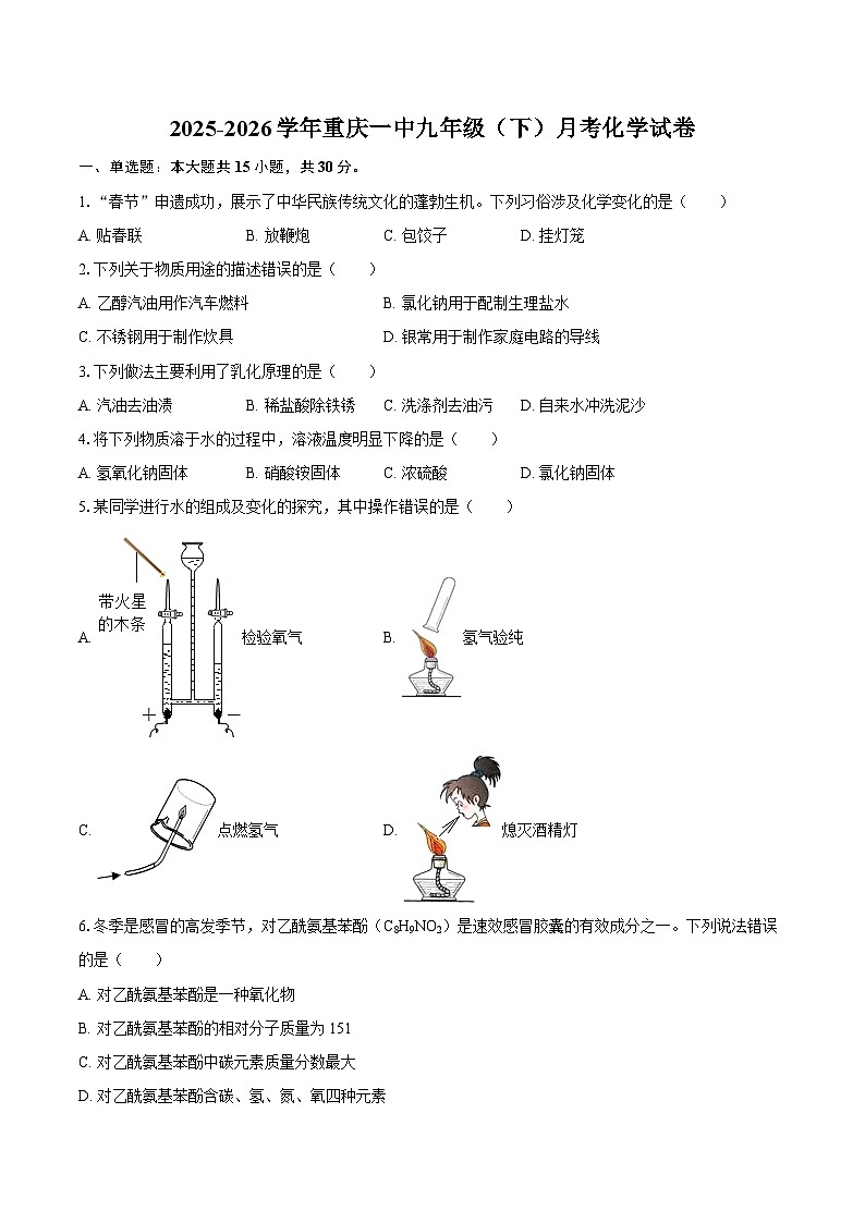 2025-2026学年重庆一中九年级（下）月考化学试卷-自定义类型第1页