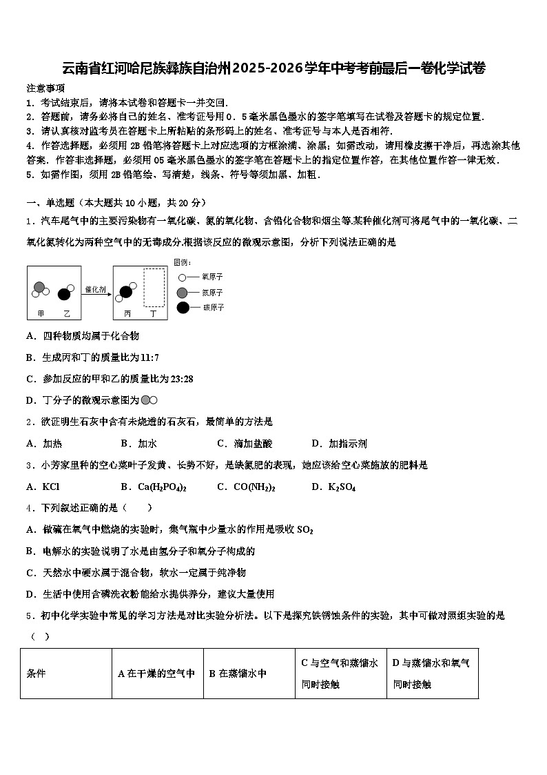 云南省红河哈尼族彝族自治州2025-2026学年中考考前最后一卷化学试卷（含答案解析）第1页