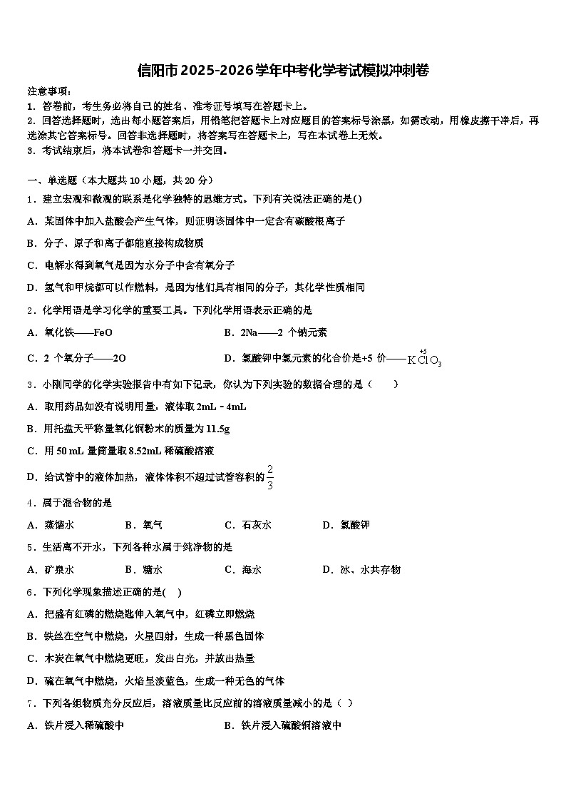 信阳市2025-2026学年中考化学考试模拟冲刺卷（含答案解析）第1页