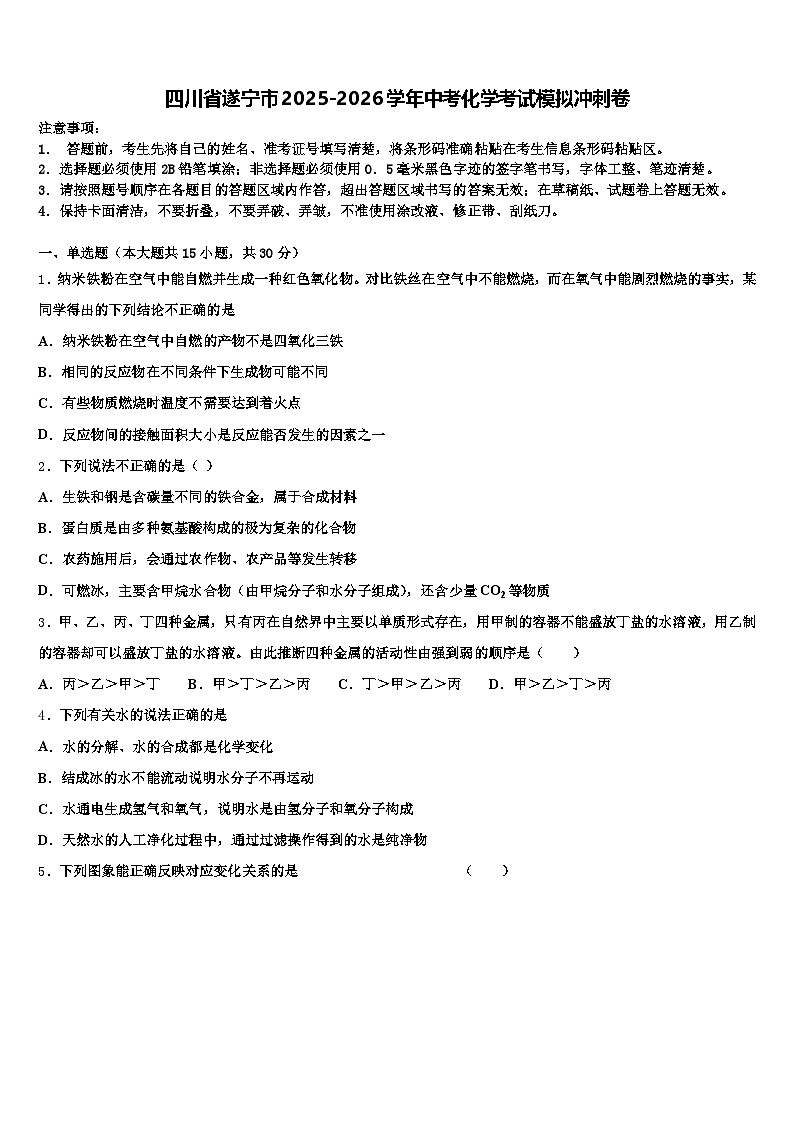 四川省遂宁市2025-2026学年中考化学考试模拟冲刺卷（含答案解析）第1页