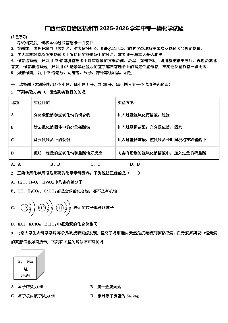 广西壮族自治区梧州市2025-2026学年中考一模化学试题（含答案解析）第1页