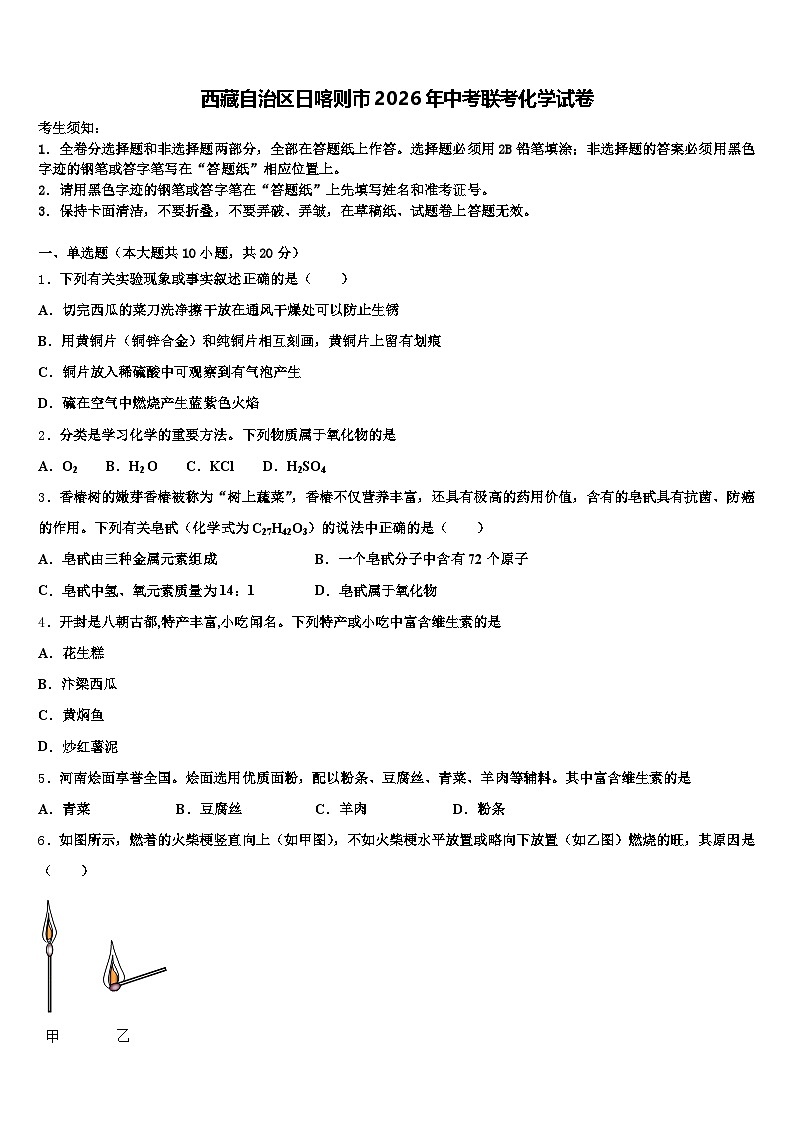 西藏自治区日喀则市2026年中考联考化学试卷（含答案解析）第1页