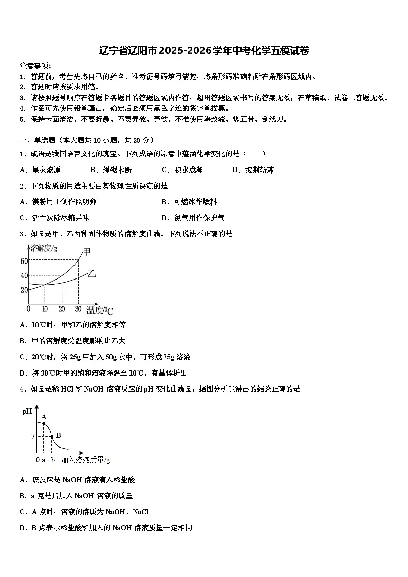 辽宁省辽阳市2025-2026学年中考化学五模试卷（含答案解析）第1页
