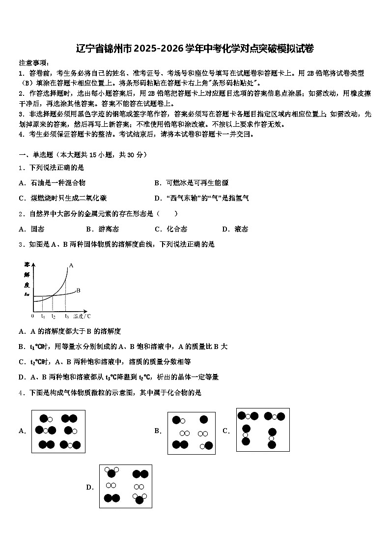 辽宁省锦州市2025-2026学年中考化学对点突破模拟试卷（含答案解析）第1页