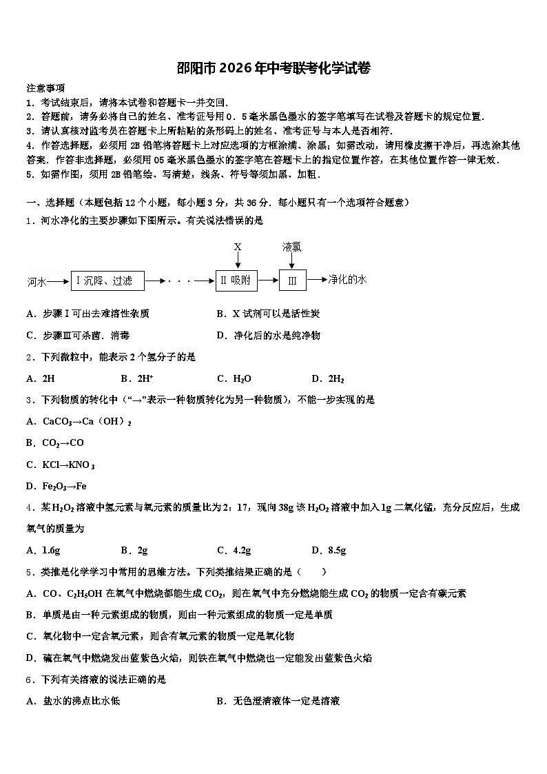 邵阳市2026年中考联考化学试卷（含答案解析）第1页