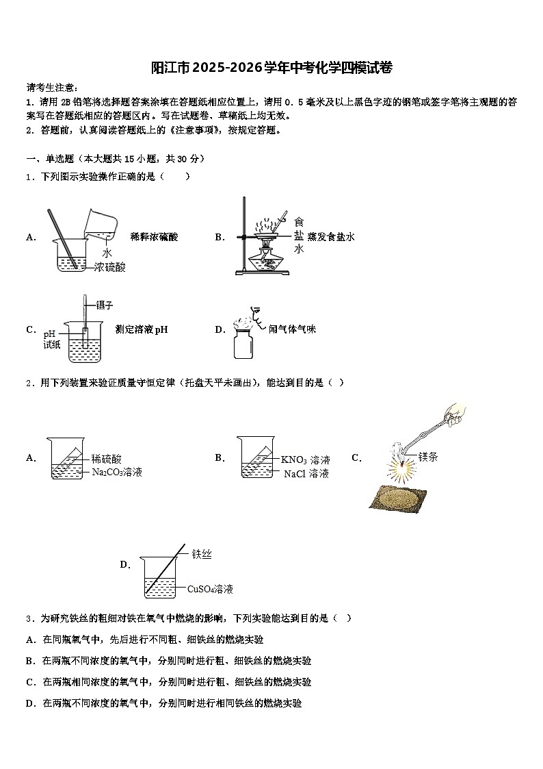 阳江市2025-2026学年中考化学四模试卷（含答案解析）第1页