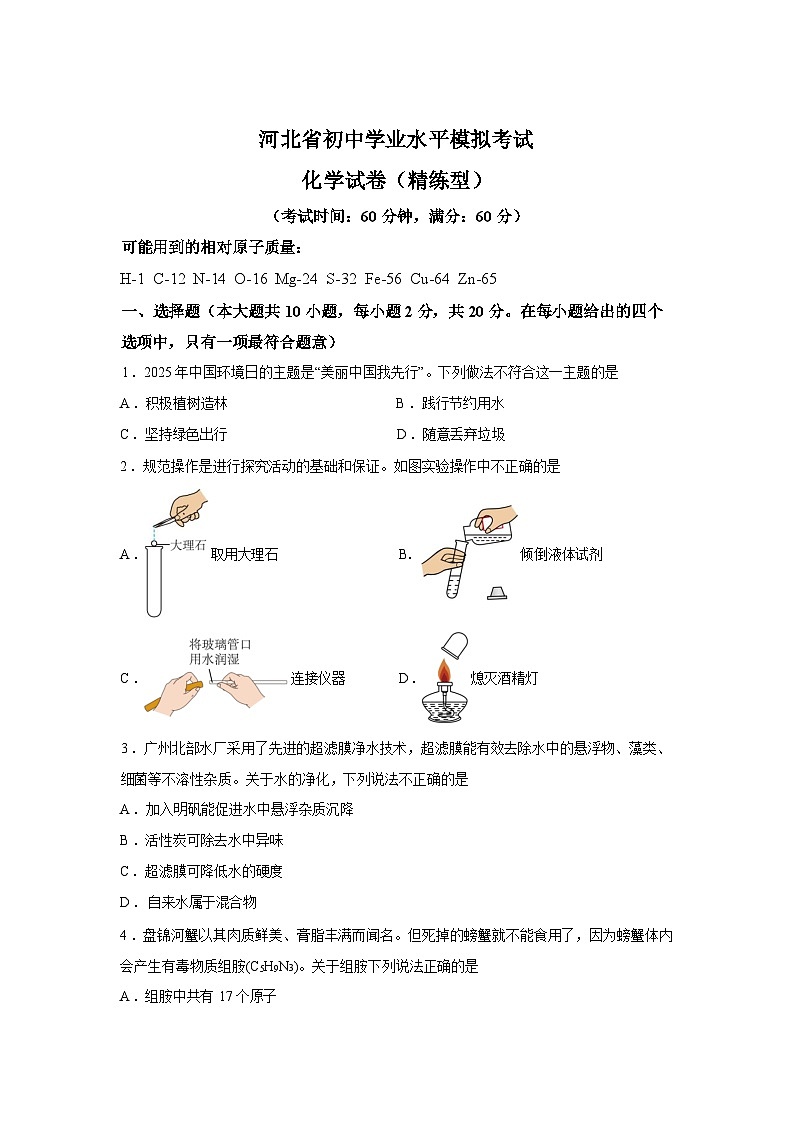 河北省沧州市任丘市2025-2026学年九年级下学期3月化学学情自测试卷（含答案）第1页