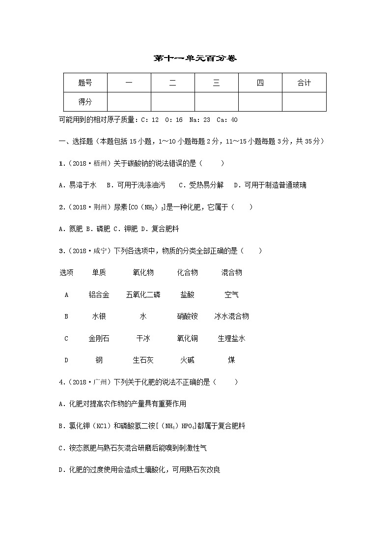 2020年春人教版九年级化学第十一单元百分卷01