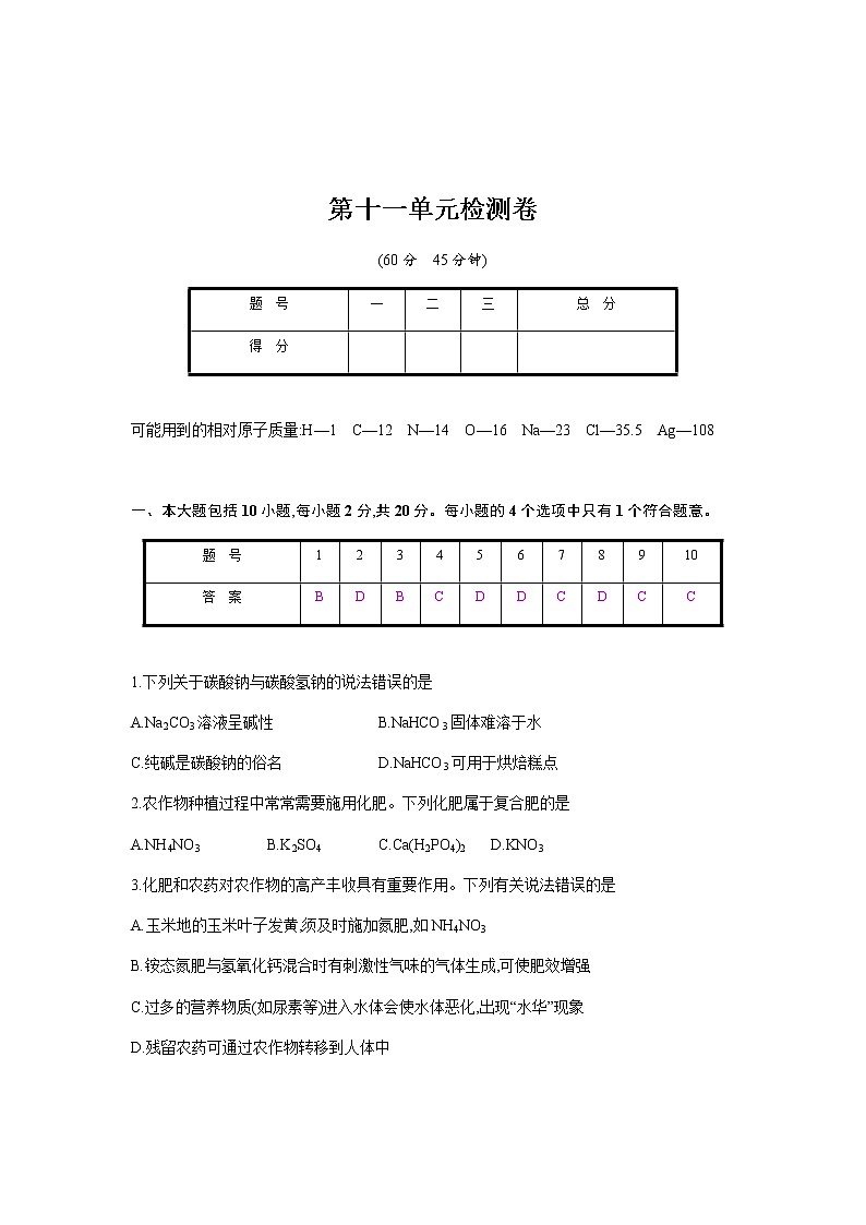 2020年春人教版九年级化学下册第十一单元检测卷01