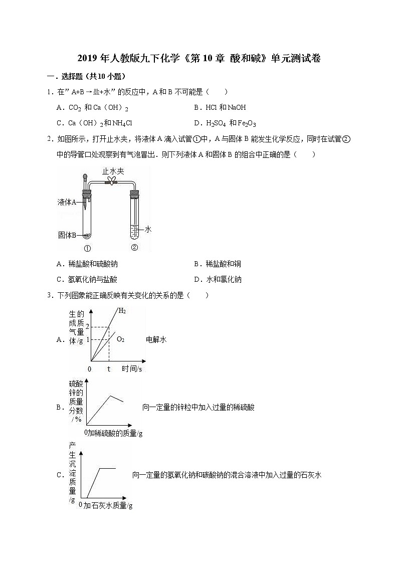 2020年人教版九下化学第10章   酸和碱单元测试卷01