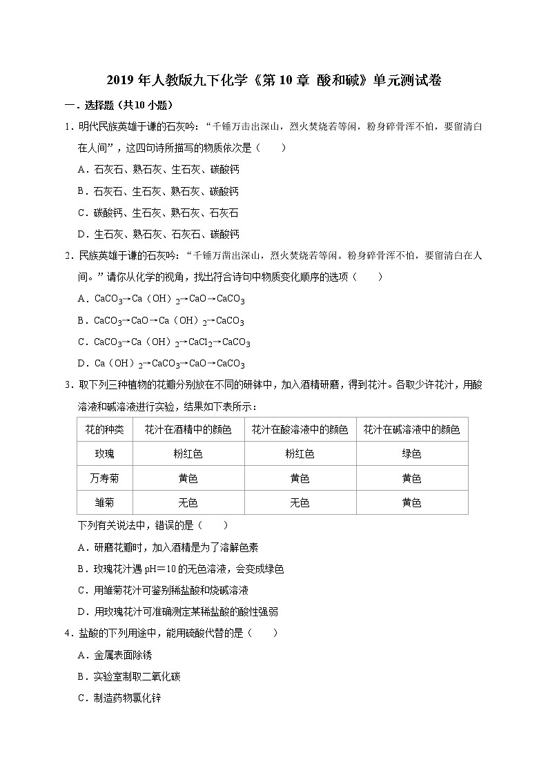 2020年人教版九下化学第10章  酸和碱单元测试卷(解析版）01