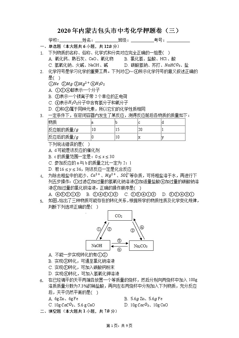 2020年内蒙古包头市中考化学押题卷（三）01