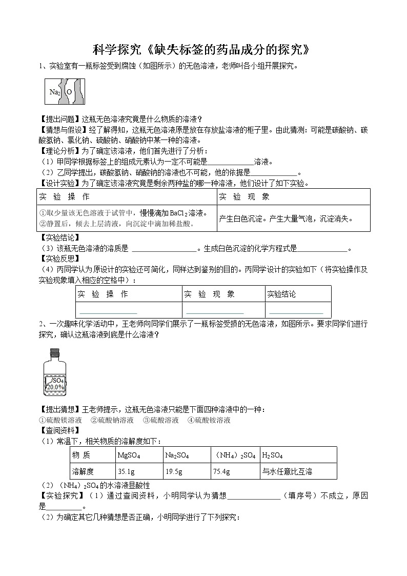 2020年中考人教版化学科学探究《缺失标签的药品成分的探究》专题练习01